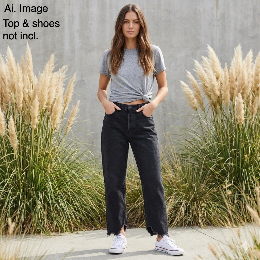 Free People We The Free Tapered Baggy High Rise Boyfriend Jeans 27 Black Raw Hem